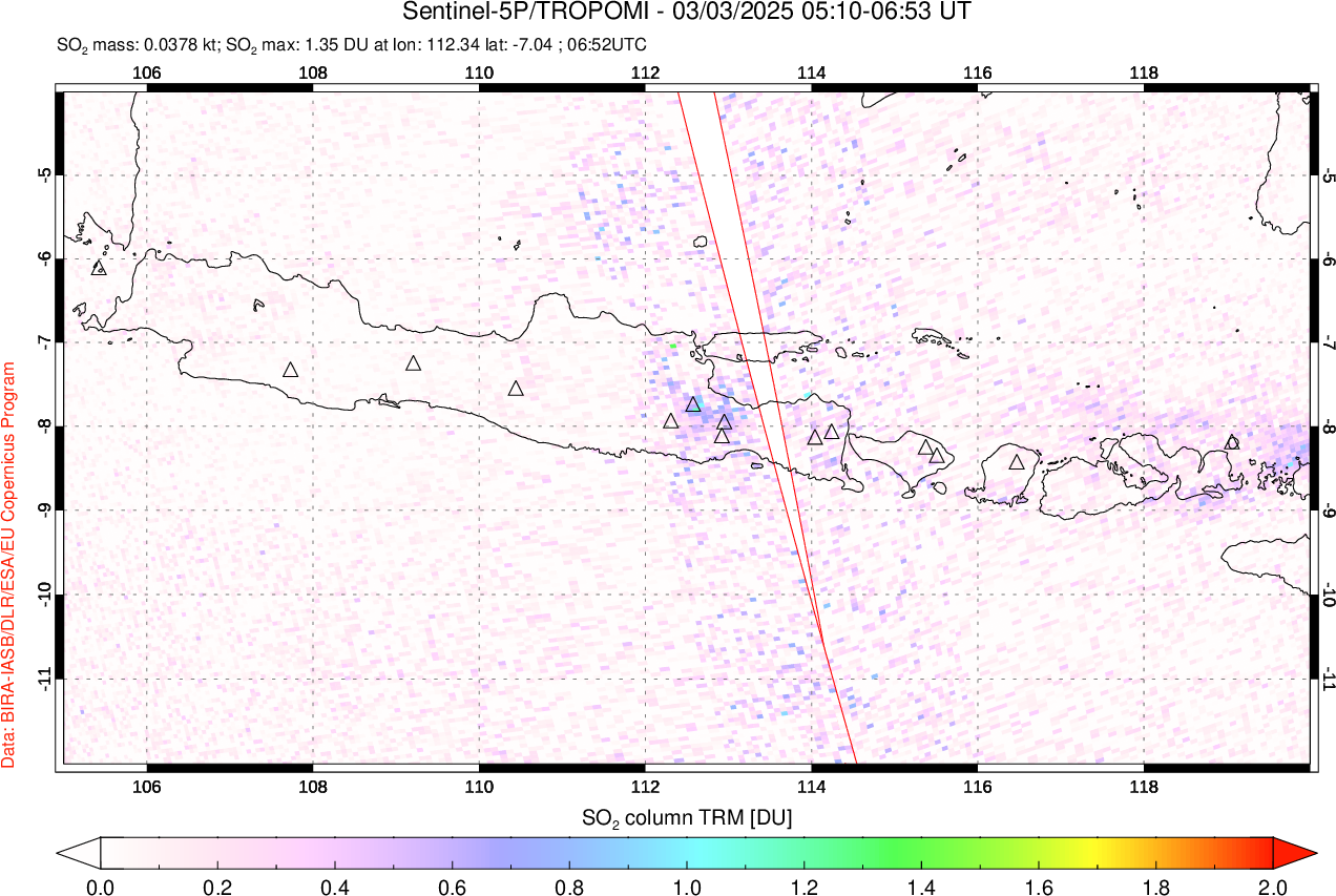 A sulfur dioxide image over Java, Indonesia on Mar 03, 2025.