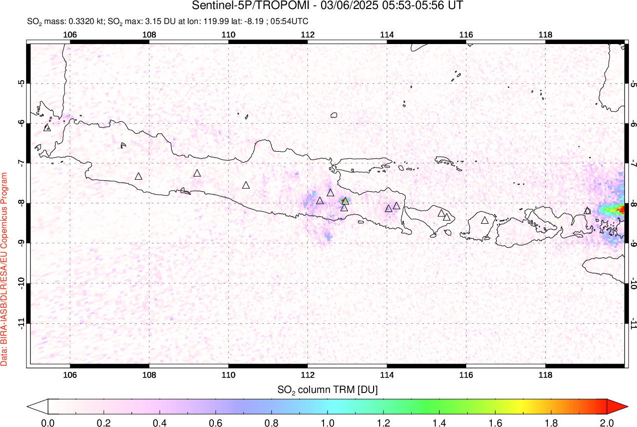 A sulfur dioxide image over Java, Indonesia on Mar 06, 2025.