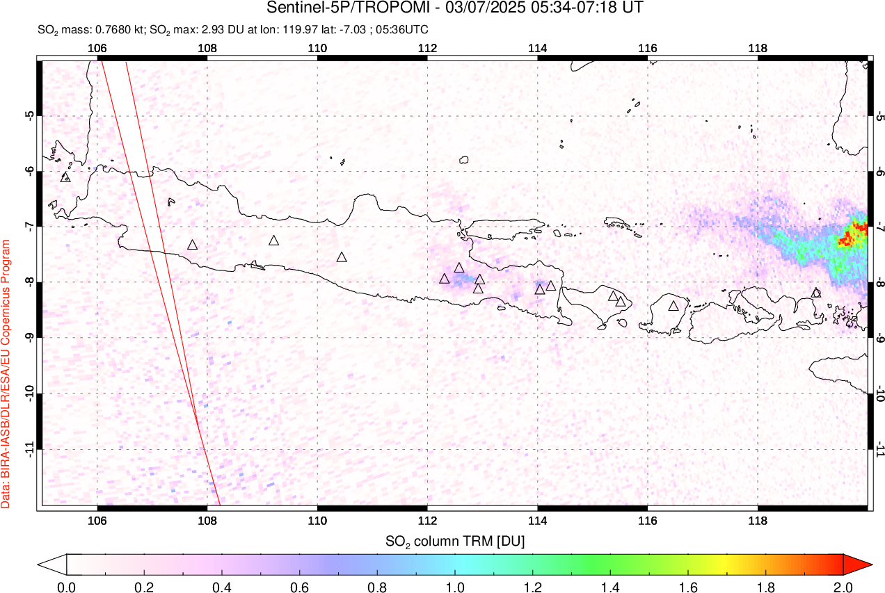 A sulfur dioxide image over Java, Indonesia on Mar 07, 2025.