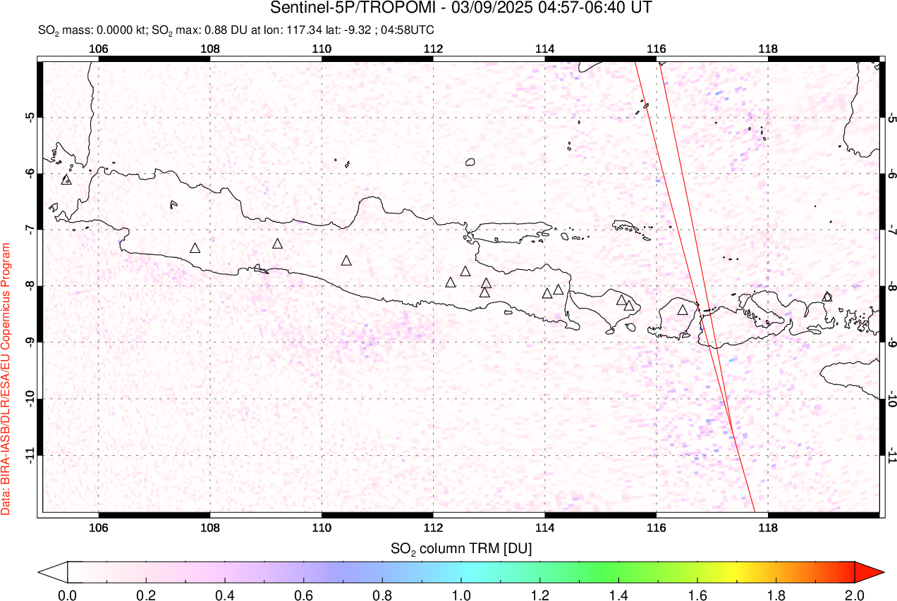 A sulfur dioxide image over Java, Indonesia on Mar 09, 2025.