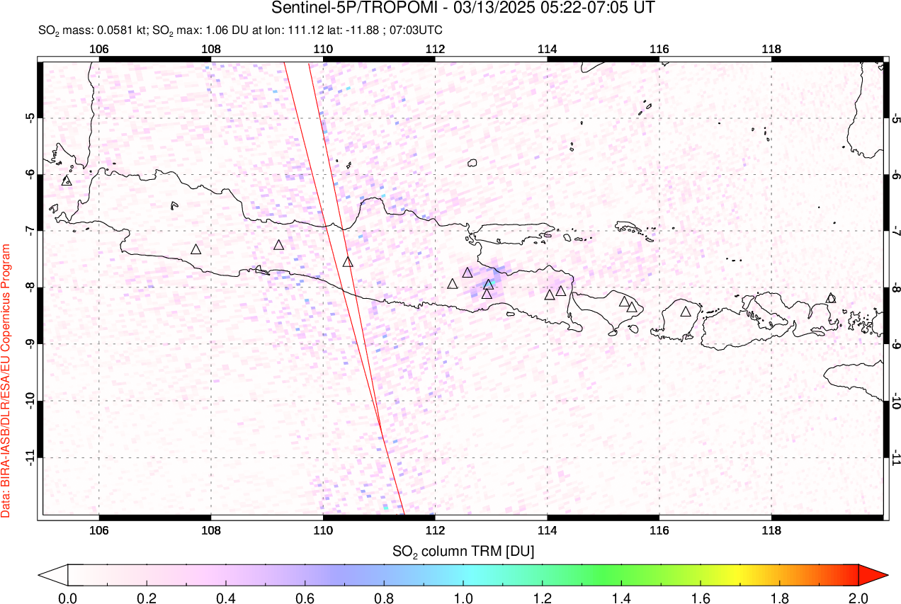 A sulfur dioxide image over Java, Indonesia on Mar 13, 2025.
