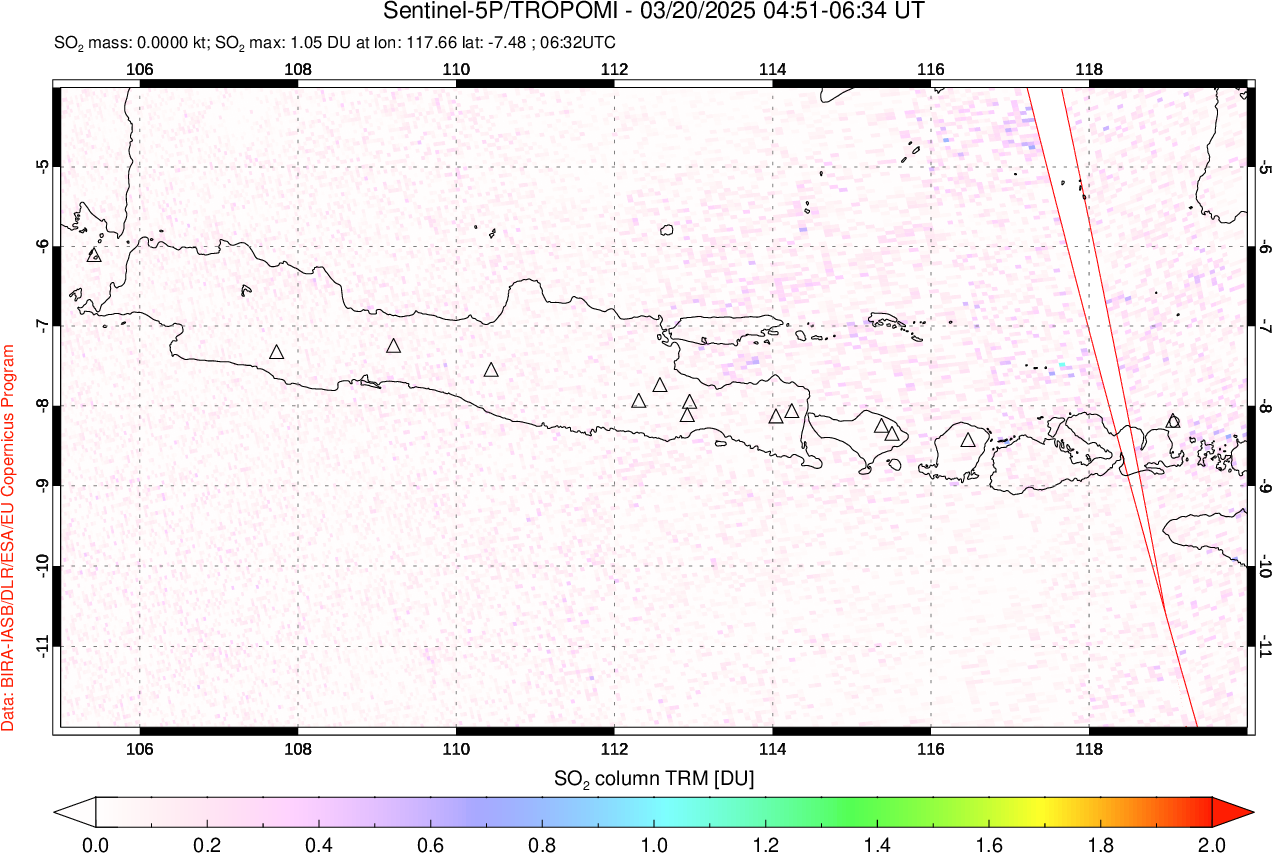 A sulfur dioxide image over Java, Indonesia on Mar 20, 2025.