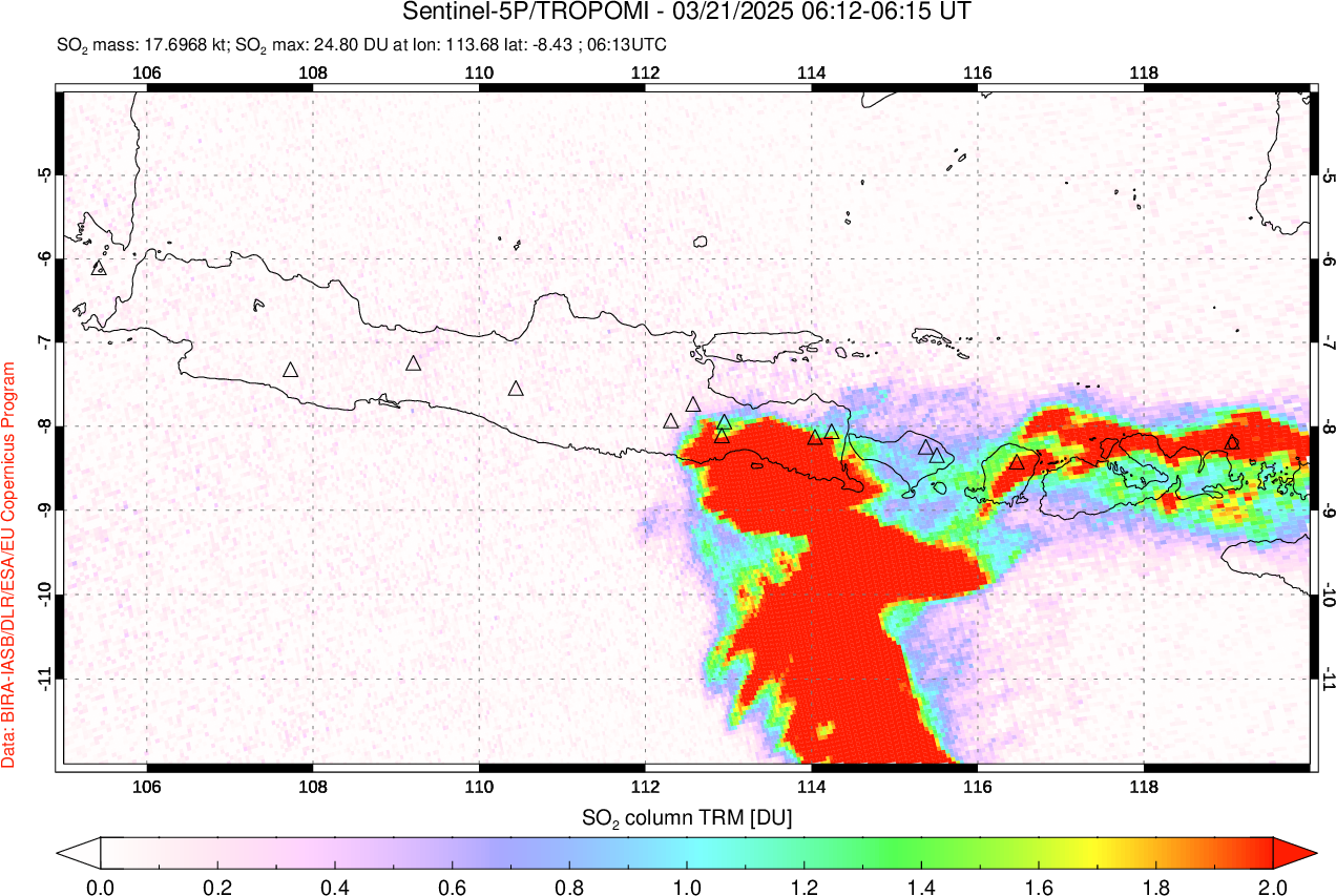 A sulfur dioxide image over Java, Indonesia on Mar 21, 2025.