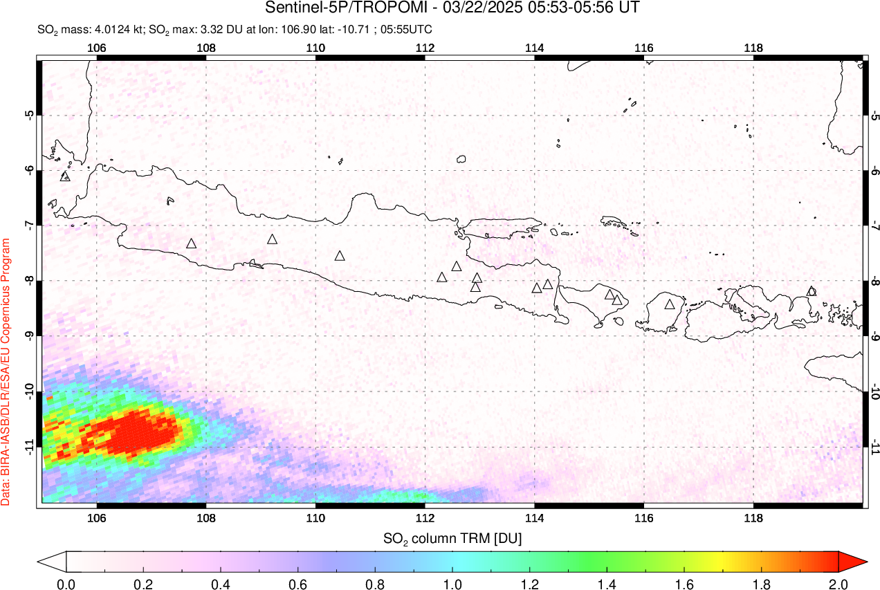 A sulfur dioxide image over Java, Indonesia on Mar 22, 2025.