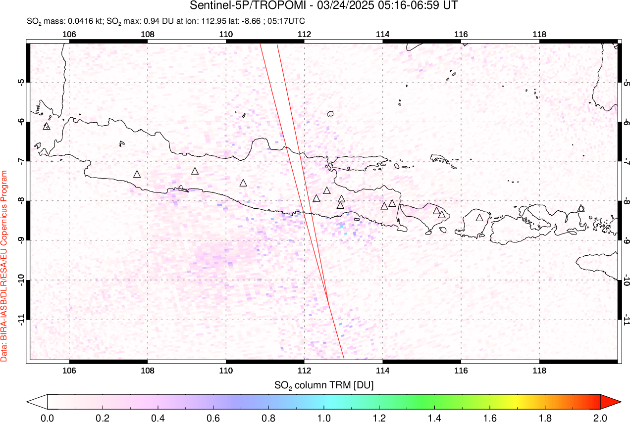 A sulfur dioxide image over Java, Indonesia on Mar 24, 2025.