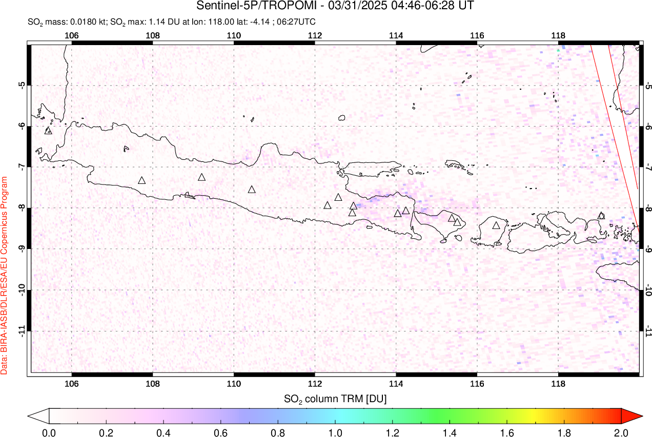 A sulfur dioxide image over Java, Indonesia on Mar 31, 2025.