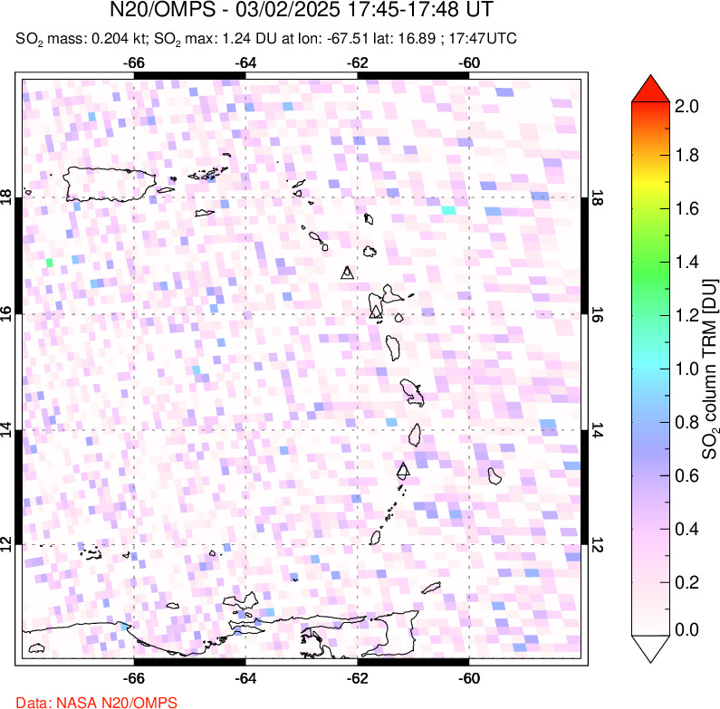 A sulfur dioxide image over Montserrat, West Indies on Mar 02, 2025.