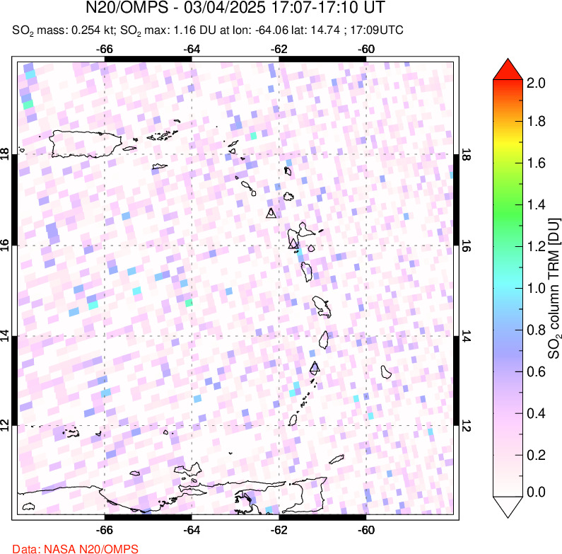 A sulfur dioxide image over Montserrat, West Indies on Mar 04, 2025.