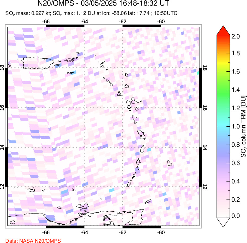 A sulfur dioxide image over Montserrat, West Indies on Mar 05, 2025.