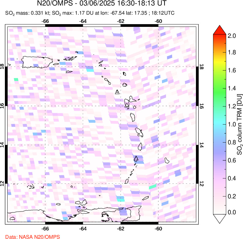 A sulfur dioxide image over Montserrat, West Indies on Mar 06, 2025.