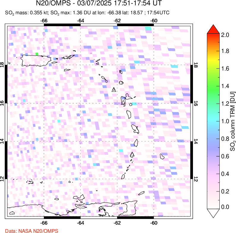 A sulfur dioxide image over Montserrat, West Indies on Mar 07, 2025.