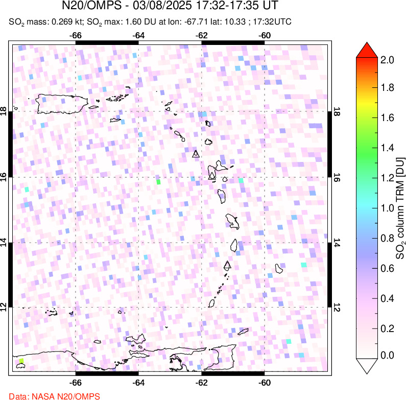 A sulfur dioxide image over Montserrat, West Indies on Mar 08, 2025.