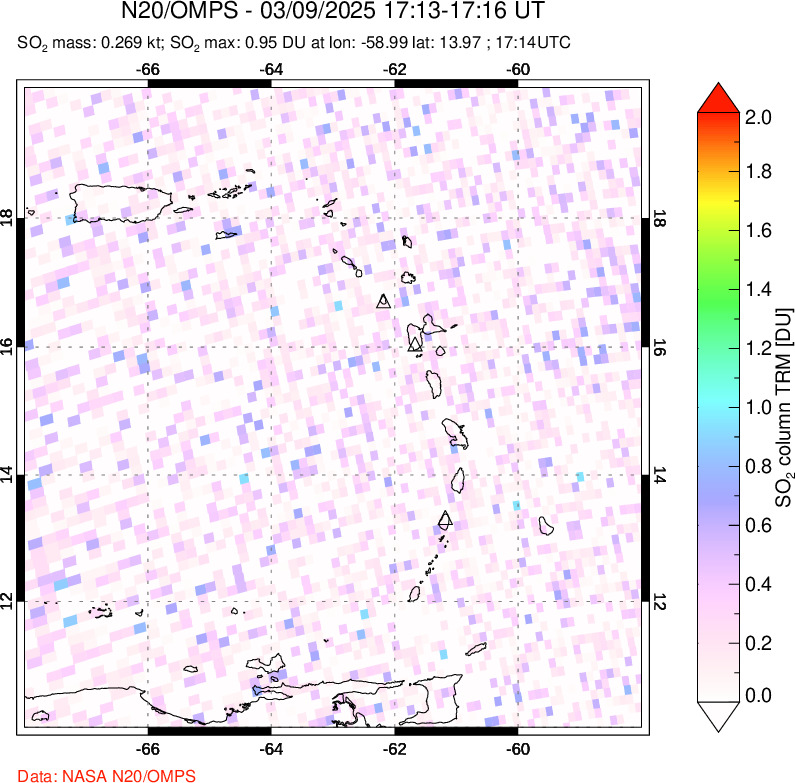 A sulfur dioxide image over Montserrat, West Indies on Mar 09, 2025.