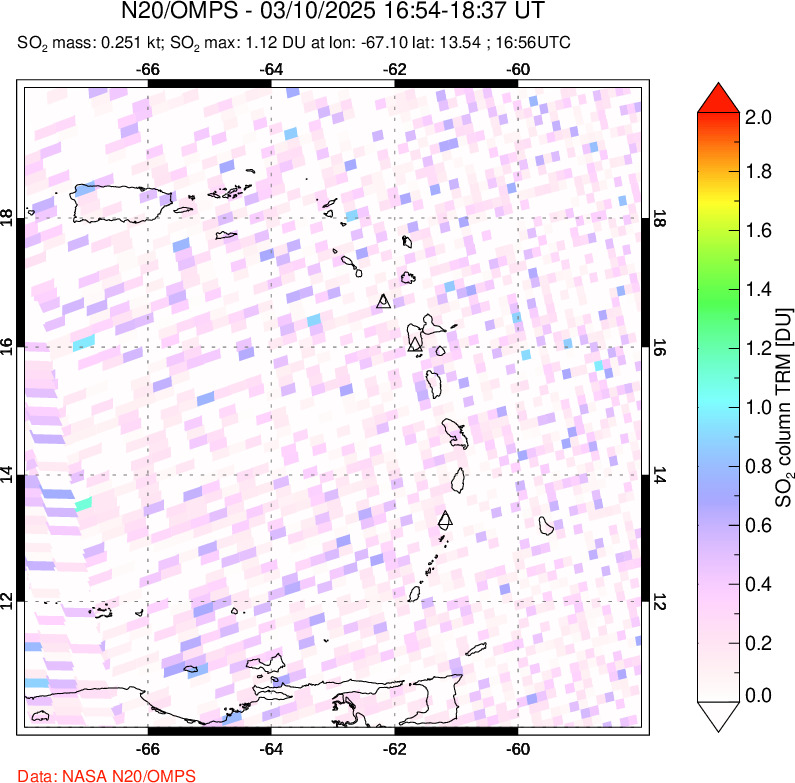 A sulfur dioxide image over Montserrat, West Indies on Mar 10, 2025.