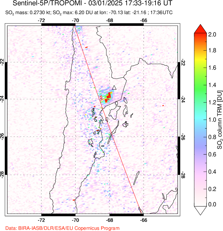 A sulfur dioxide image over Northern Chile on Mar 01, 2025.