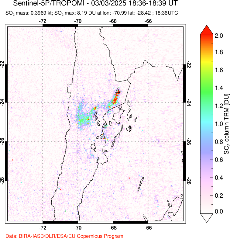 A sulfur dioxide image over Northern Chile on Mar 03, 2025.