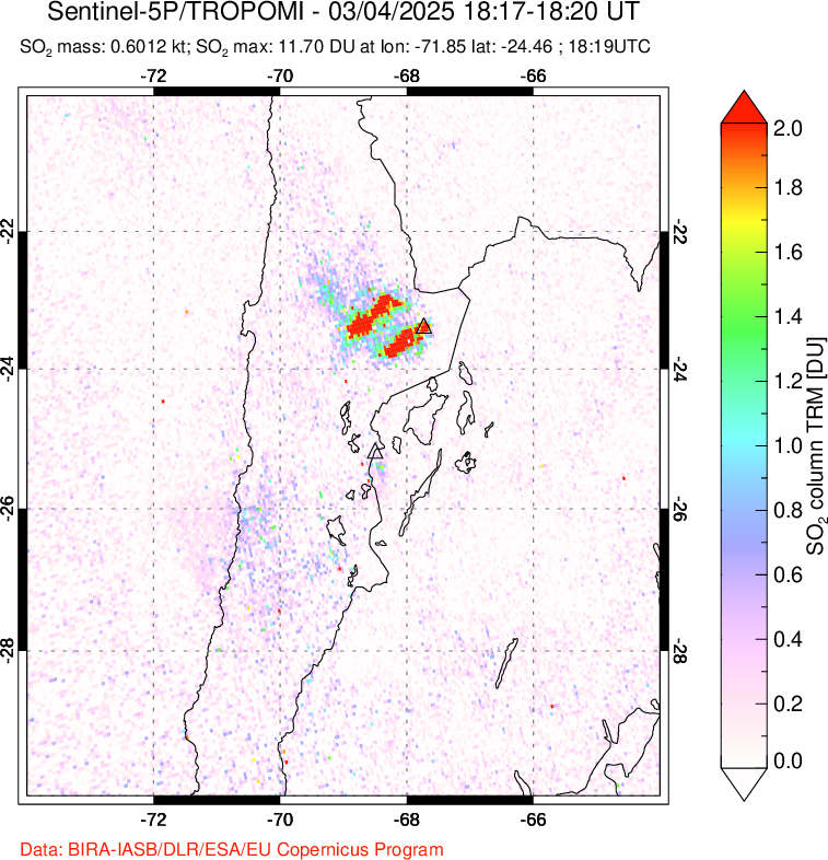 A sulfur dioxide image over Northern Chile on Mar 04, 2025.