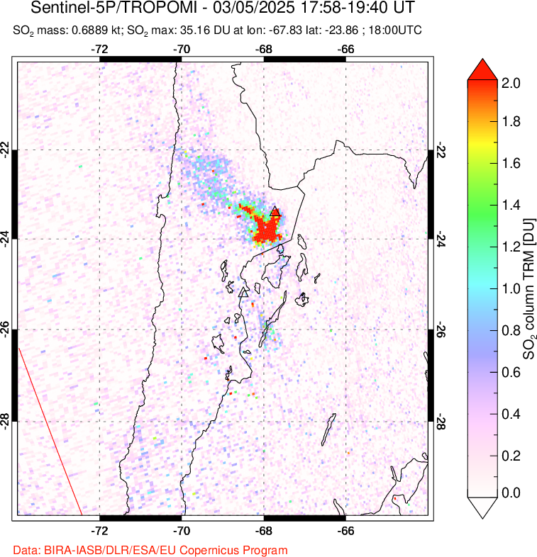 A sulfur dioxide image over Northern Chile on Mar 05, 2025.