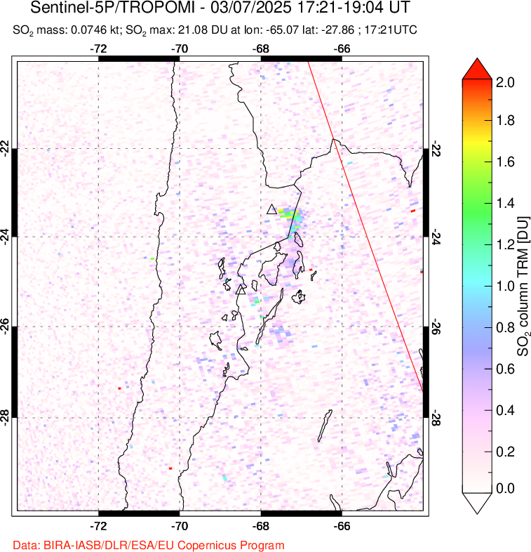 A sulfur dioxide image over Northern Chile on Mar 07, 2025.