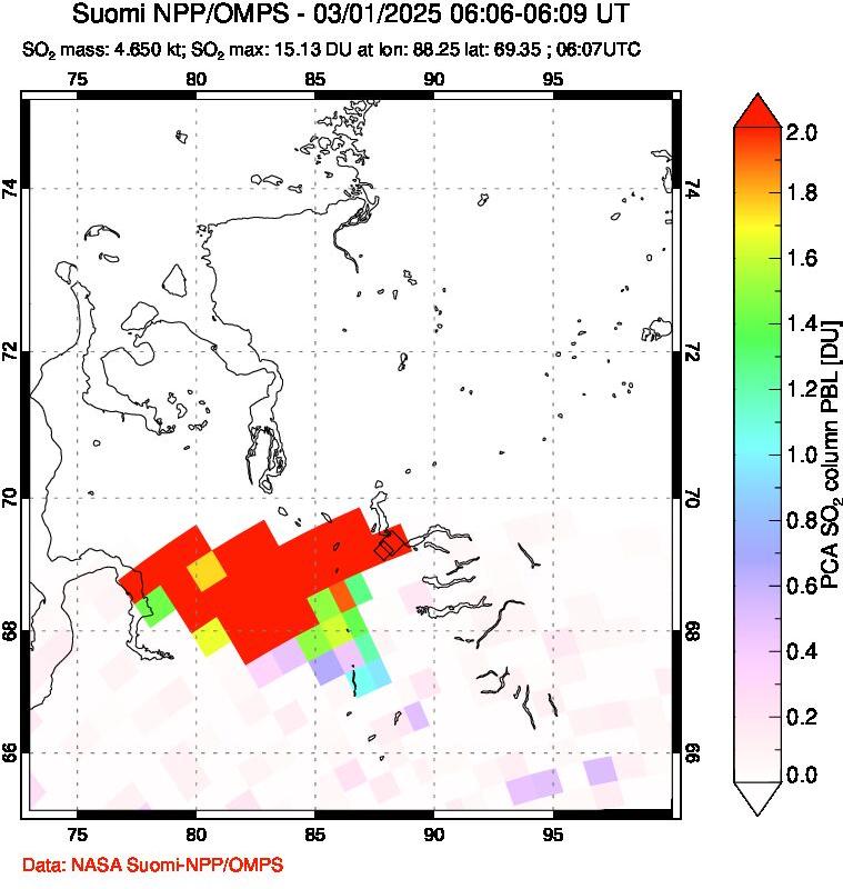 A sulfur dioxide image over Norilsk, Russian Federation on Mar 01, 2025.