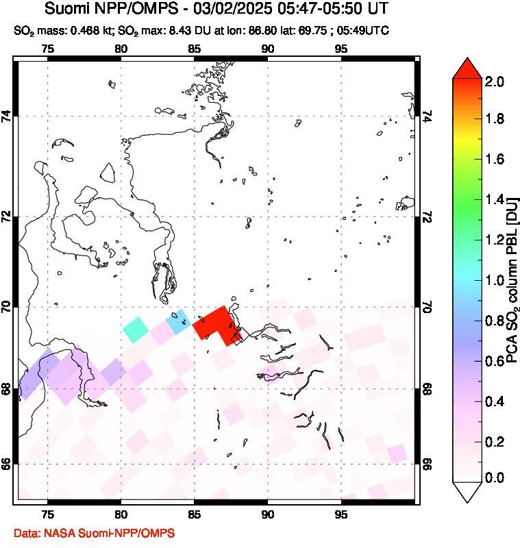 A sulfur dioxide image over Norilsk, Russian Federation on Mar 02, 2025.