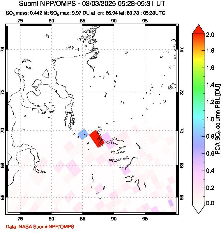 A sulfur dioxide image over Norilsk, Russian Federation on Mar 03, 2025.