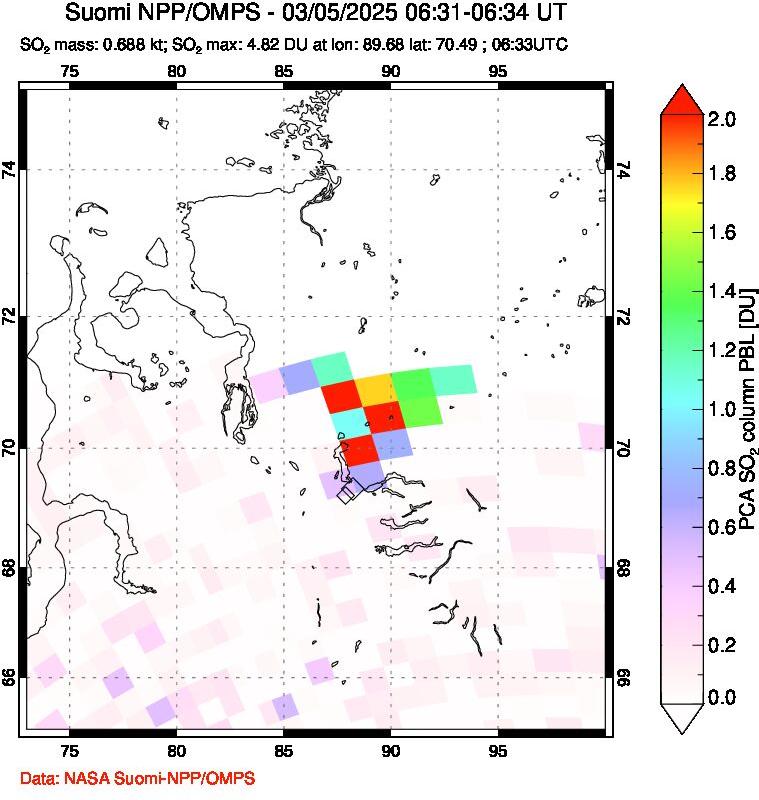 A sulfur dioxide image over Norilsk, Russian Federation on Mar 05, 2025.