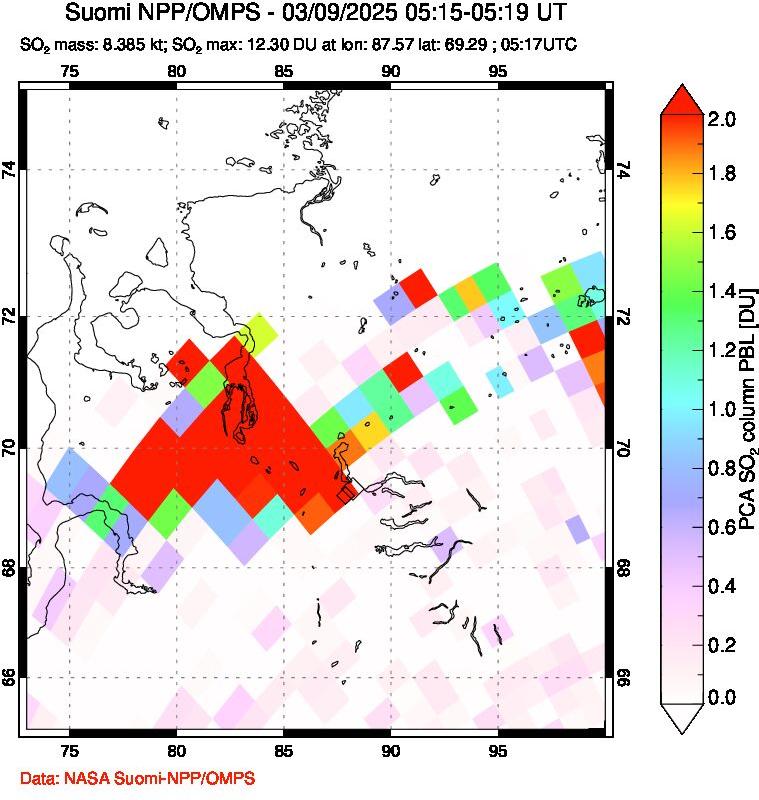 A sulfur dioxide image over Norilsk, Russian Federation on Mar 09, 2025.