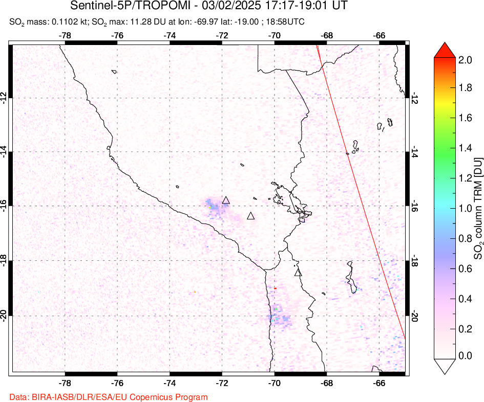 A sulfur dioxide image over Peru on Mar 02, 2025.