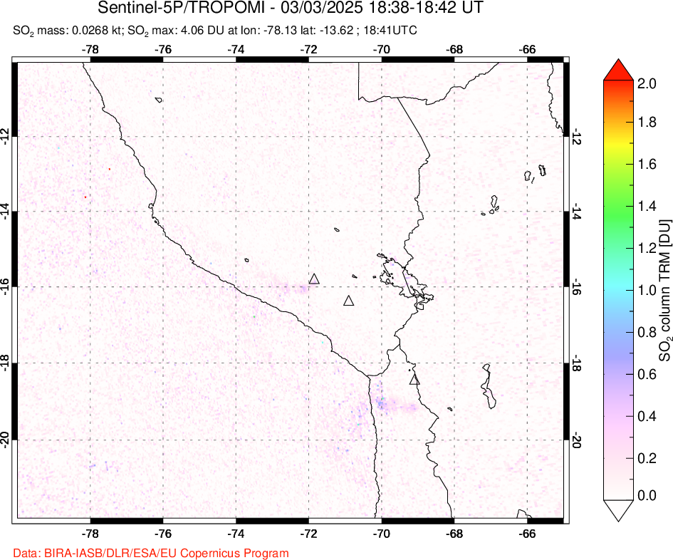 A sulfur dioxide image over Peru on Mar 03, 2025.