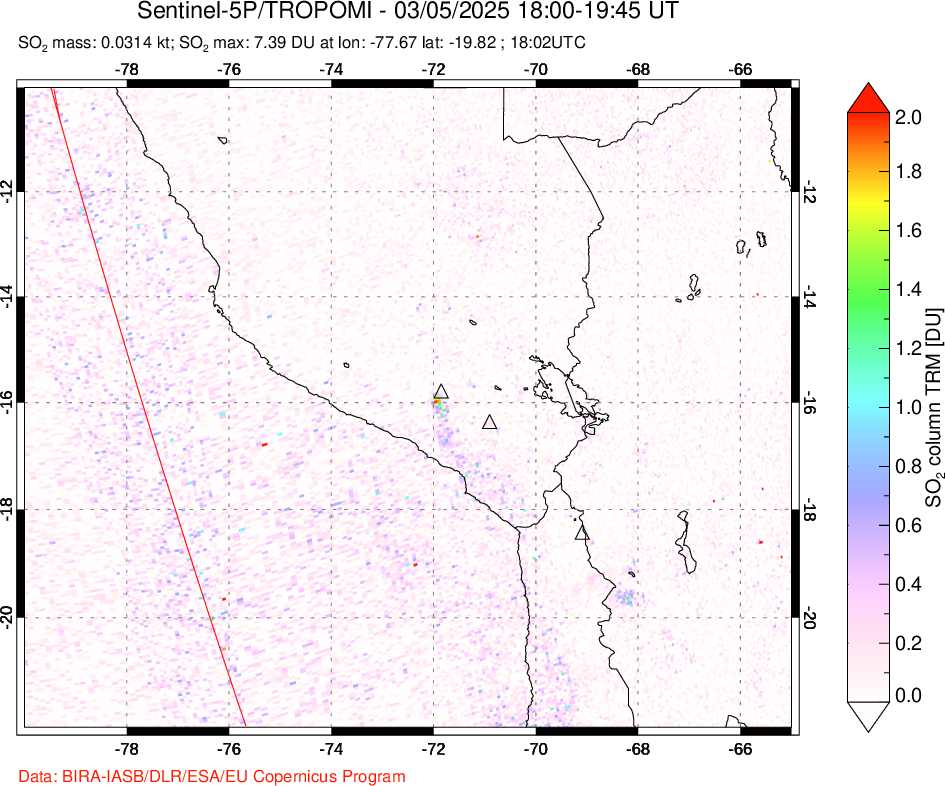 A sulfur dioxide image over Peru on Mar 05, 2025.