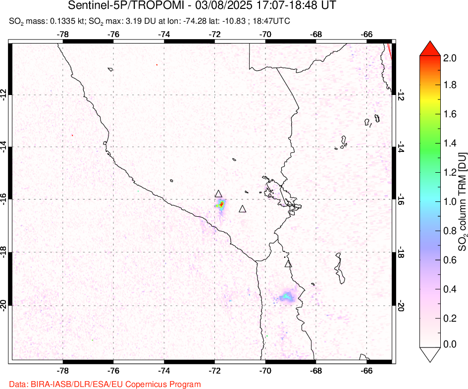 A sulfur dioxide image over Peru on Mar 08, 2025.