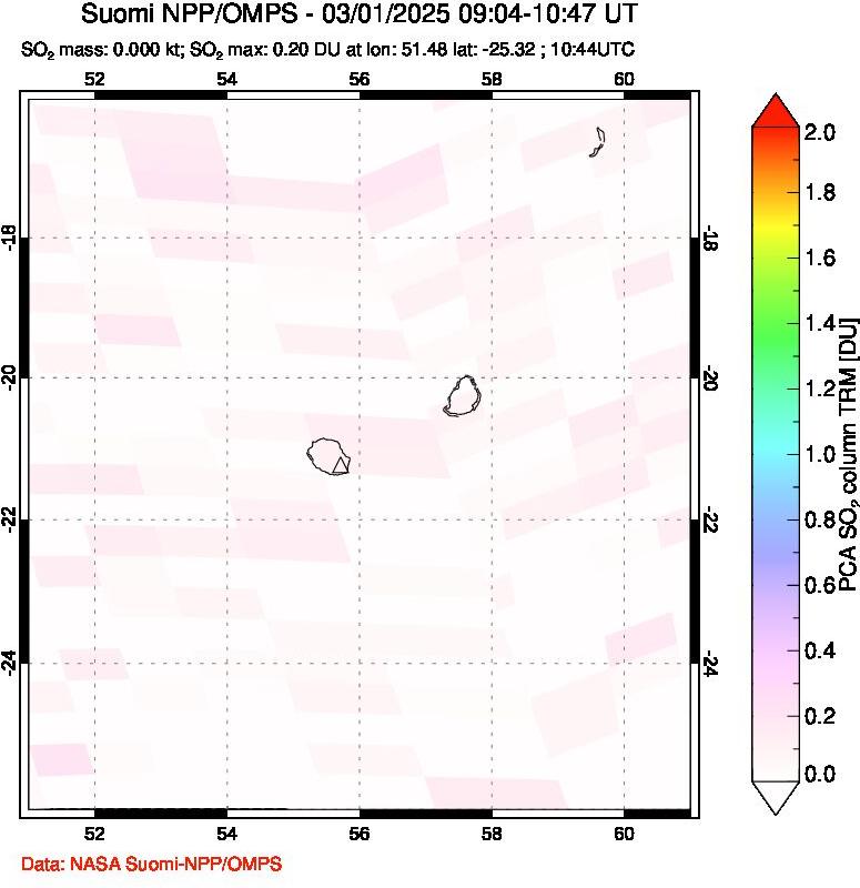 A sulfur dioxide image over Reunion Island, Indian Ocean on Mar 01, 2025.