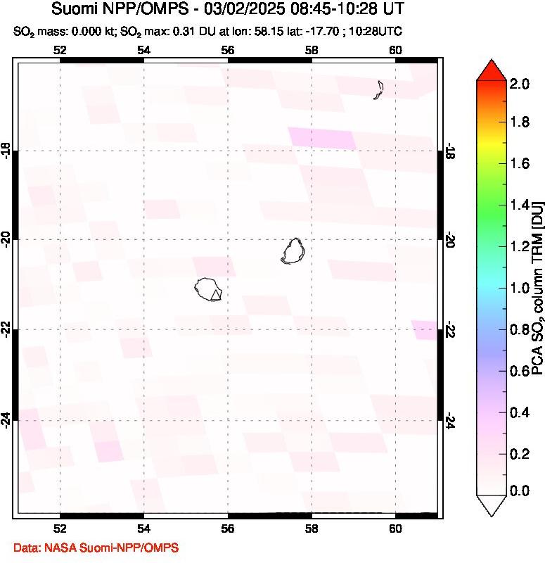 A sulfur dioxide image over Reunion Island, Indian Ocean on Mar 02, 2025.