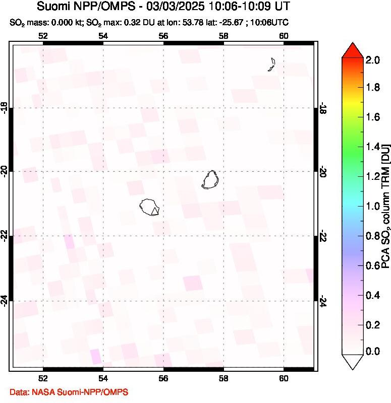 A sulfur dioxide image over Reunion Island, Indian Ocean on Mar 03, 2025.