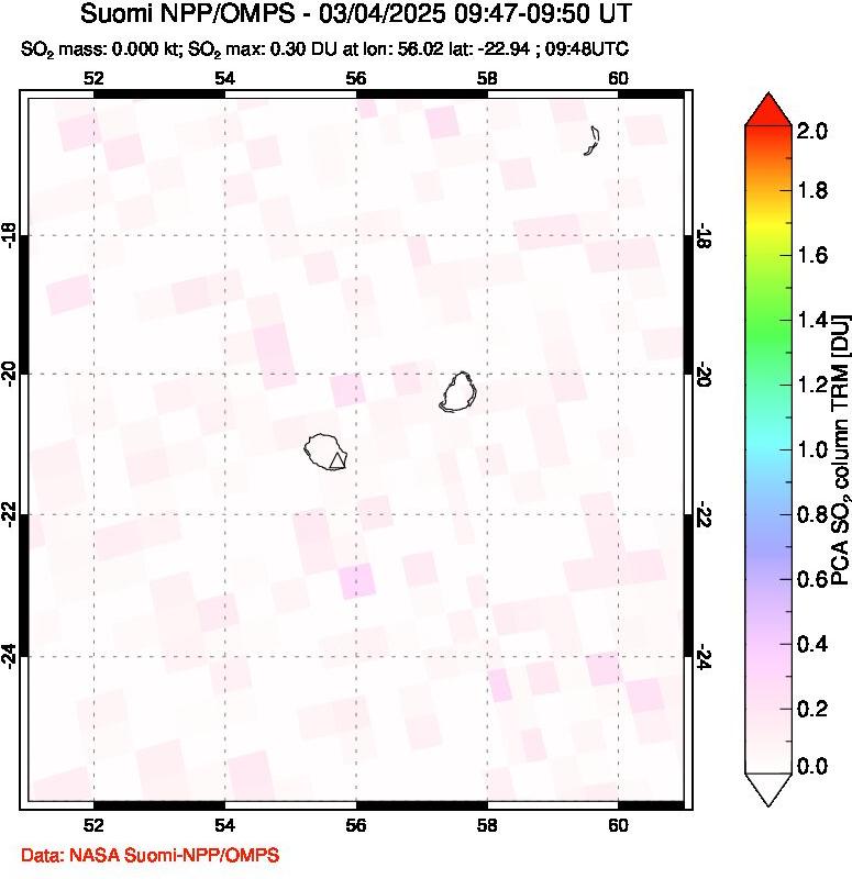 A sulfur dioxide image over Reunion Island, Indian Ocean on Mar 04, 2025.