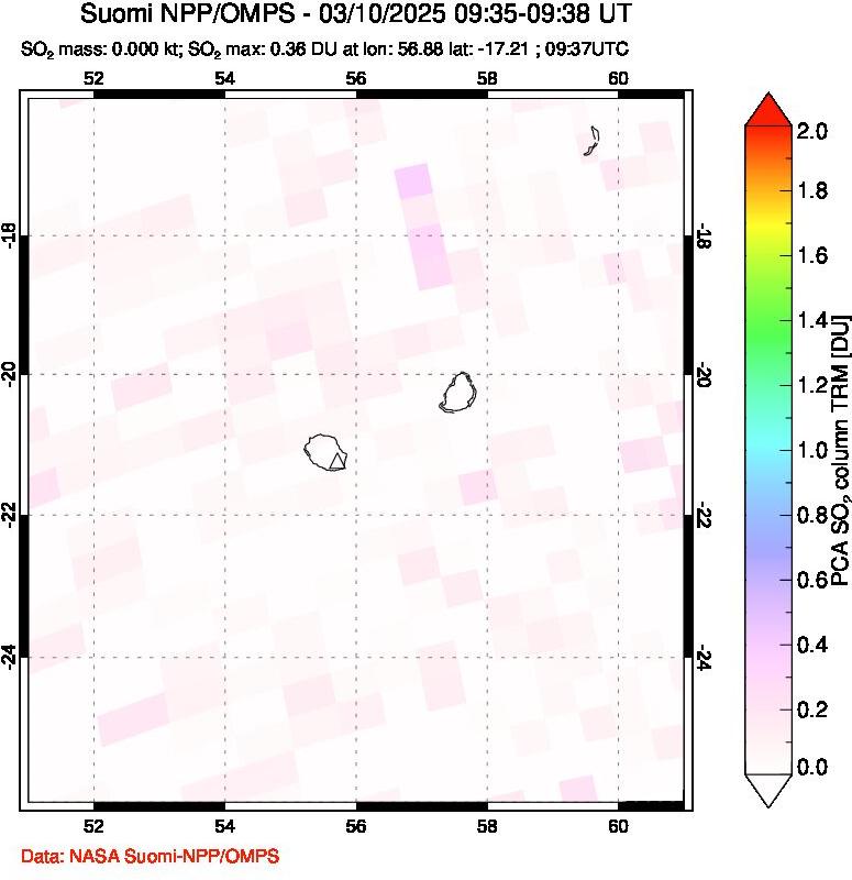 A sulfur dioxide image over Reunion Island, Indian Ocean on Mar 10, 2025.