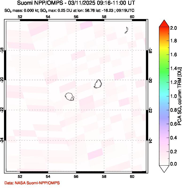 A sulfur dioxide image over Reunion Island, Indian Ocean on Mar 11, 2025.