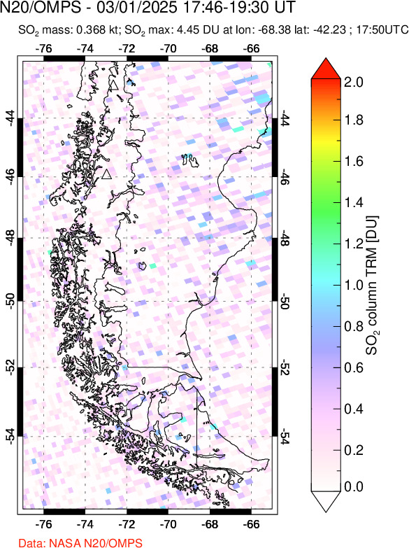 A sulfur dioxide image over Southern Chile on Mar 01, 2025.