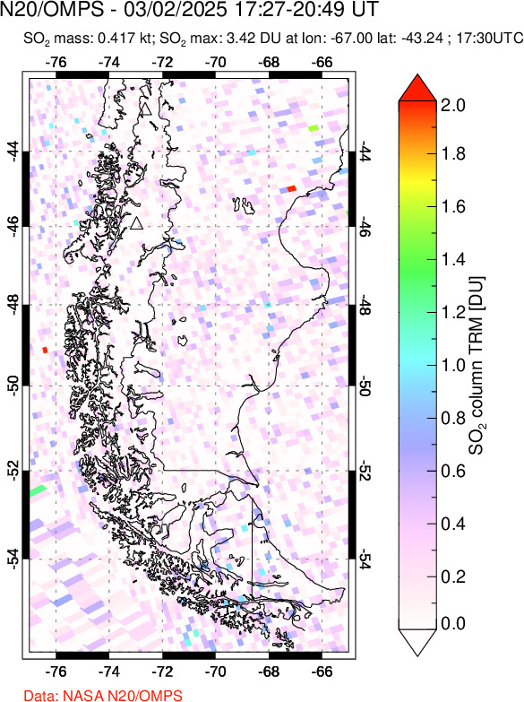 A sulfur dioxide image over Southern Chile on Mar 02, 2025.