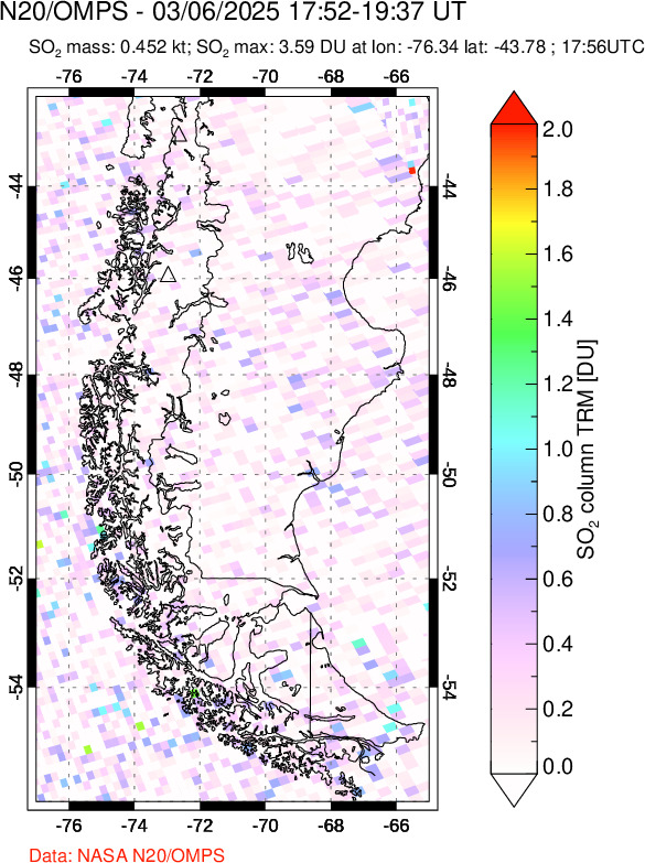 A sulfur dioxide image over Southern Chile on Mar 06, 2025.