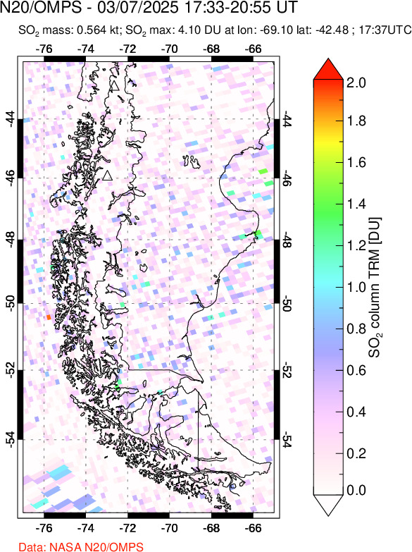 A sulfur dioxide image over Southern Chile on Mar 07, 2025.