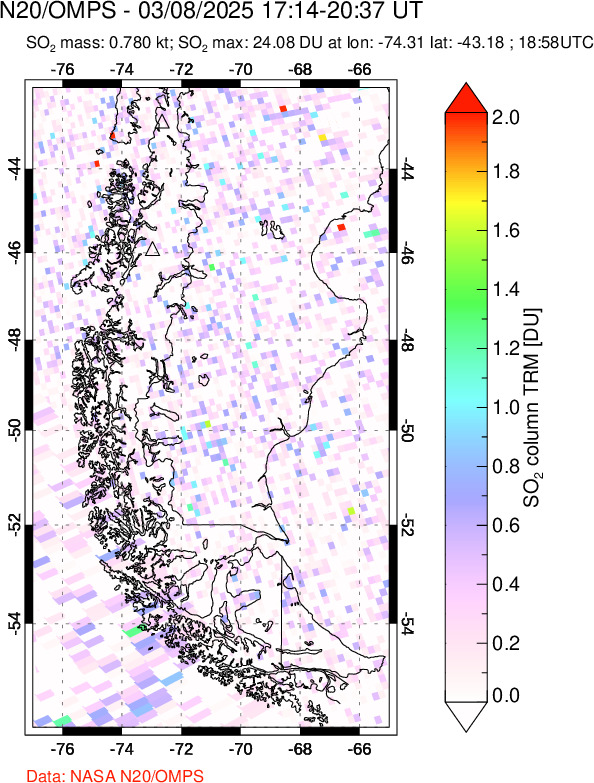 A sulfur dioxide image over Southern Chile on Mar 08, 2025.