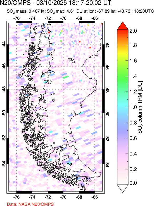 A sulfur dioxide image over Southern Chile on Mar 10, 2025.