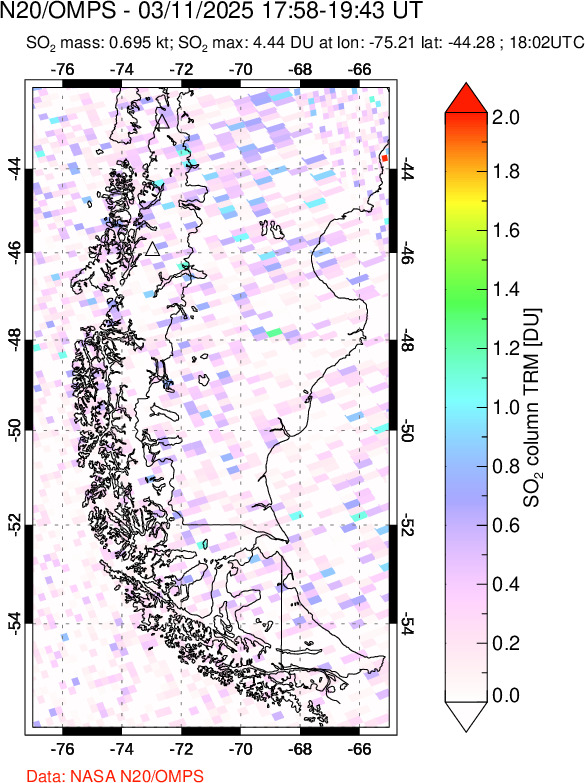 A sulfur dioxide image over Southern Chile on Mar 11, 2025.