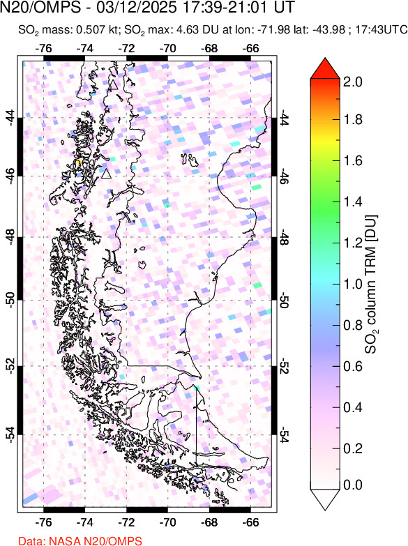 A sulfur dioxide image over Southern Chile on Mar 12, 2025.