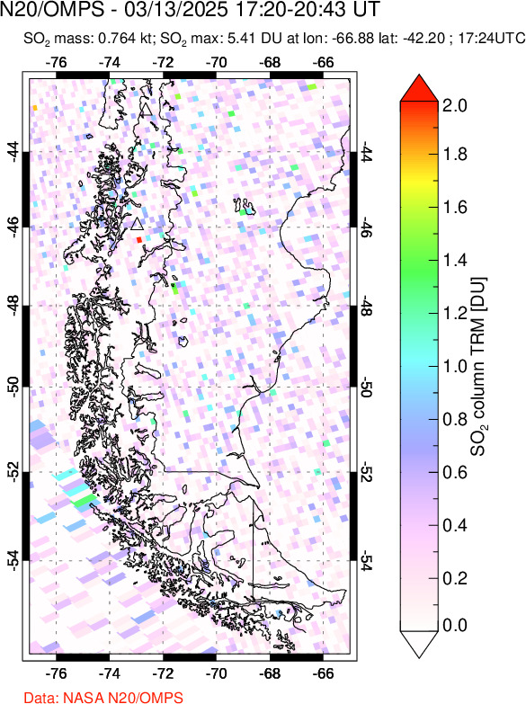 A sulfur dioxide image over Southern Chile on Mar 13, 2025.