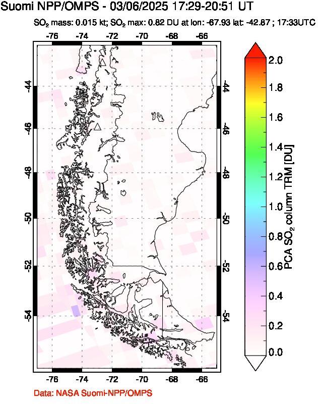 A sulfur dioxide image over Southern Chile on Mar 06, 2025.