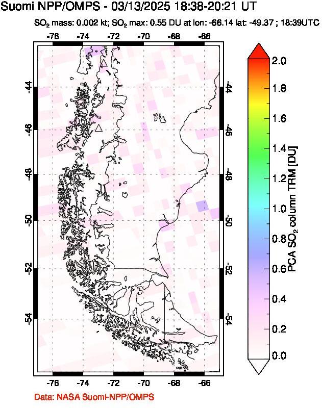 A sulfur dioxide image over Southern Chile on Mar 13, 2025.