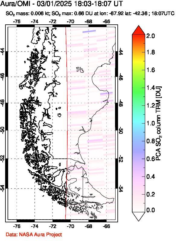 A sulfur dioxide image over Southern Chile on Mar 01, 2025.